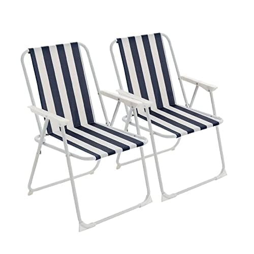 Image of Harbour Housewares Folding Beach Deck Chairs - Blue Stripe - Pack of 2 - Metal Outdoor Patio Seat Lightweight Portable Deck Chair for Picnic, Garden, Camping, Fishing