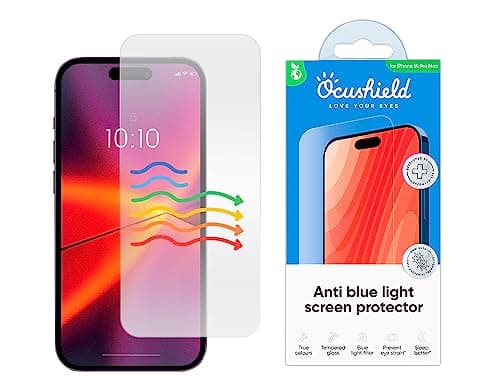 Image of Ocushield Anti Blue Light Screen Protector for iPhone 14 Pro Max (6.7") - 9H Tempered Glass Filter Blocks UV & Blue Light, Anti-Bacterial, Designed by UK Optometrists