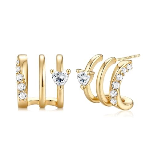 Image of Roheafer 14K Gold Plated Triple Huggie Illusion Stud Earrings for Women 925 Sterling Silver Post Small Claw Earrings for One Hole Dainty Cubic Zirconia Studs Lightweight Jewelry Gift(G-Heart)