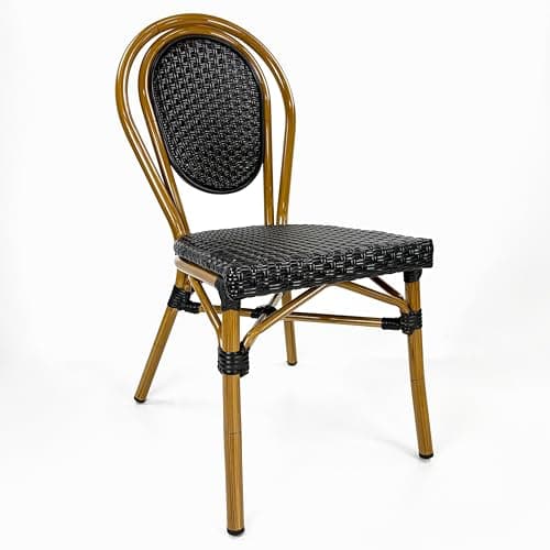 Image of BrackenStyle Paris Bistro Stackable Side Chair - Outdoor Patio Garden Dining Chair Aluminium Frame PE Rattan Weave (Black)