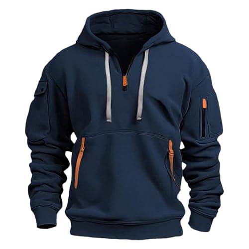 Image of Jamron Mens Plus Size Quarter-Zip Hoodie Pullover Sweatshirts Casual Sports Jacket with Multi Pockets SN0708243 Navy Blue 5XL
