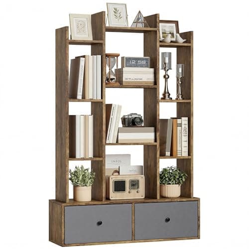 Image of HOMCOM Tree Bookshelf, 12-Tier Floor Standing Bookcase with 2 Foldable Drawers, Freestanding Book Shelf Storage Display Shelving Unit for Living Room, Home Office, Bedroom, Rustic Brown