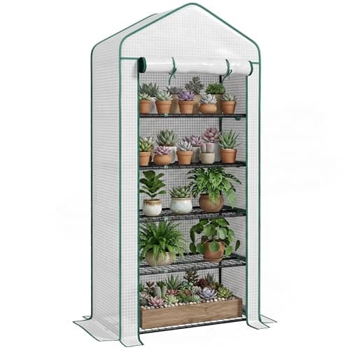 Image of Outsunny 5 Tier Widened Mini Greenhouse with Reinforced PE Cover, Portable Indoor Outdoor Green House with Roll-up Door and Wire Shelves, 90 x 49 x 193cm, White