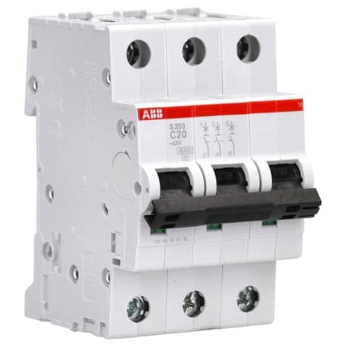 Image of ABB S203-C20 Miniature Circuit Breaker, 3 Pole, Type C, 6/10kA Breaking Capacity, 20 Amp Current (2CDS253001R0204)