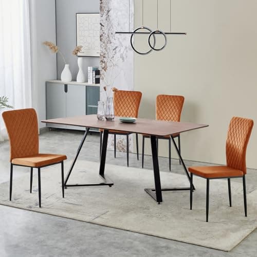 Image of JaHECOME Dining Room Sets Dining Table Set of 4 Velvet Dining Chairs 150 x 85 x 74 cm Heavy Duty Metal Frame for Kitchen Living Room,Oak Table & Orange Chairs