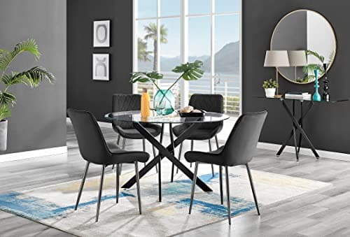 Image of Furniturebox UK Dining Set - Novara Black Leg 120cm Round Glass Dining Table & 4 Black Pesaro Black Leg Chairs