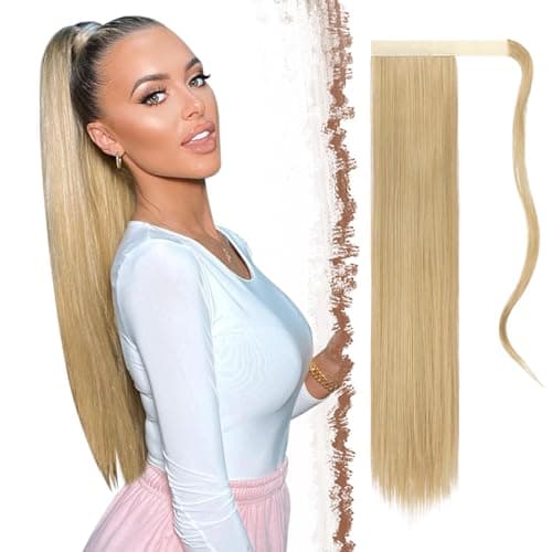 Image of FESHFEN Straight Ponytail Extensions Long Wrap Around Ponys Synthetic Clip in Pony Tail Hair Extension Hairpiece for Women, 24 inch Medium Blonde & Bleach Blonde
