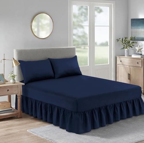 Image of ROOEE Valance Fitted Sheets: Plain Valance Fitted Sheets .Poly Cotton, Single,Double,King Bed Sheets [ Color Navy-Blue Size Double ]