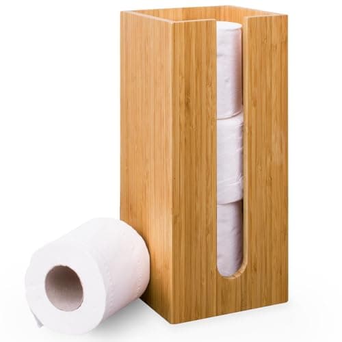Image of Woodluv Toilet Roll Holder Stand, Free-Standing Toilet Paper Storage Holder, Square Toilet Paper Loo Roll Holder Stand for Bathroom & Toilets, Bamboo