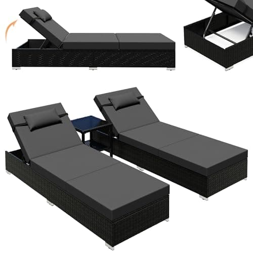 Image of UDPATIO 3PC Rattan Sun Lounger Set plus Side Table, Metal Frame Outdoor Garden Lounger Furniture with 5-level Reclining Backs, Cushions and Headrest (Black-Mottled & Dark Grey Cushions Covers)