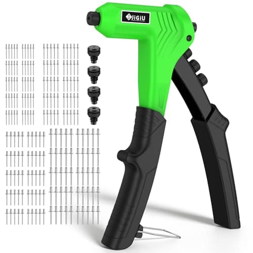 Image of JiGiU Rivet Gun with 200PCs Rivets One-Handed Pop Rivet Gun Set Professional Hand Riveter Manual Riveting Tool 4 Tool-free Interchangeable Nosepieces Effortless Handle Design for Plastic Metal Leather