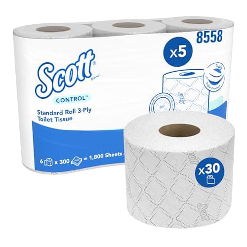 Image of Scott® Control™ Small Roll Toilet Tissue 8558 – 3-Ply Recycled Toilet Rolls for Hygienic Everyday Use – 5 Packs of 6 Rolls x 300 Sheets (30 Rolls / 9,000 White Sheets Total)