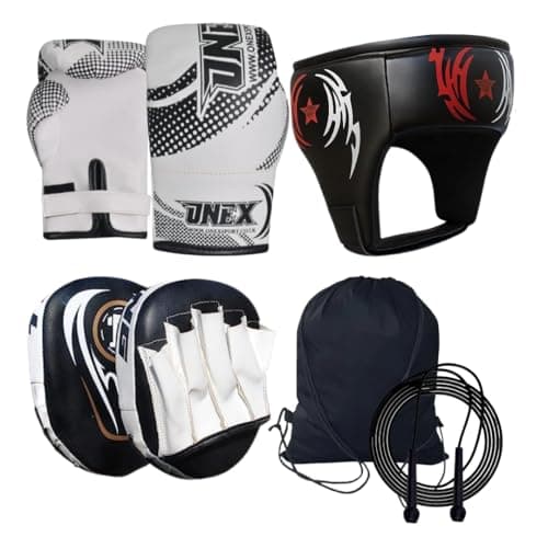 Image of ONEX Boxing Set Kids, Includes 2oz Gloves, Pads, Head Guard, Carrying Bag & skipping Rope Target Training Set, MMA Hook & Jab Strike Pads for Boys & Girls (Kid Boxing Set with Focus Pads - BLACK)