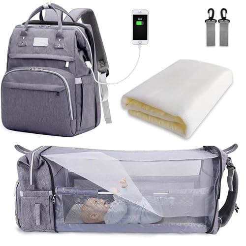 Image of SNDMOR Baby Changing Bag Backpack, Nappy Changing Bags Large Capacity, Portable Travel Diaper Bag with Foldable Cot Bed, Baby Bed Backpack (Grey)