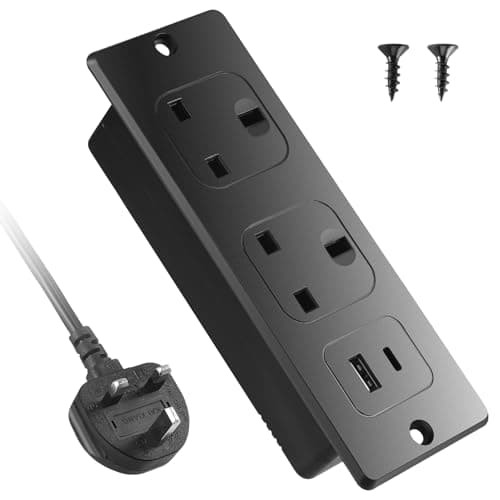 Image of Recessed Power Strip with USB C PD20W, Built-in Power Outlet 2 Socket 2 USB Ports, Flush Mount Extension Lead for Desk Table Furniture, 2M/6.6FT Cable – UK Plug