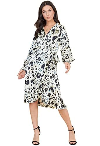 Image of Dressmechic Womens Cream Animal Print Wrap Ruffle Hem Midi Dress