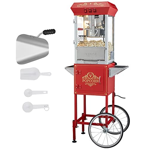 Image of VEVOR Commercial Popcorn Machine, 8 Oz Kettle, 850 W Popcorn Maker on Wheels for 48 Cups per Batch, Theater Style Popper with 3-Switch Control Steel Frame Tempered Glass Doors Cart 1 Scoop 2 Spoons