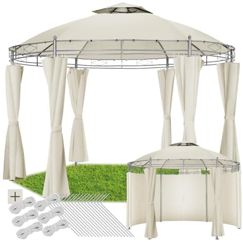 Image of tectake® Luxury Garden Gazebo - 3.5m Pavilion Tent with Stable Metal Tubes, Water-Repellent Material, Incl. Side Curtains, Pegs and Ropes - Ideal for Garden Party, Wedding & Outdoor Events - Cream