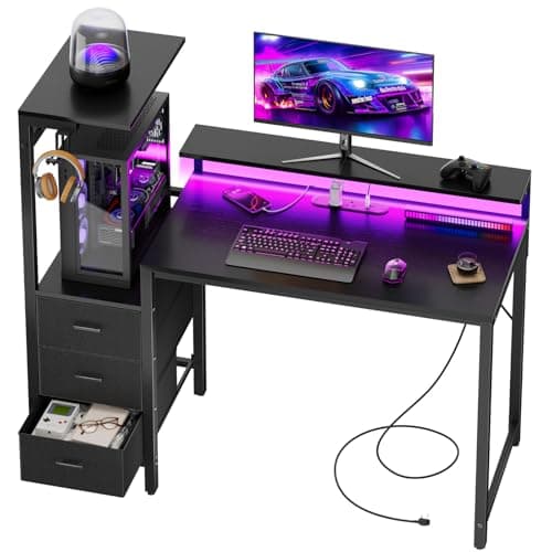 Image of DLONGONE Gaming Desk with Drawers, 112x50 cm Computer Desk with LED & Power Outlets, Reversible Office Desk with Display Shelves & Monitor Stand, Study PC Table with Side Hooks for Home Office, Black