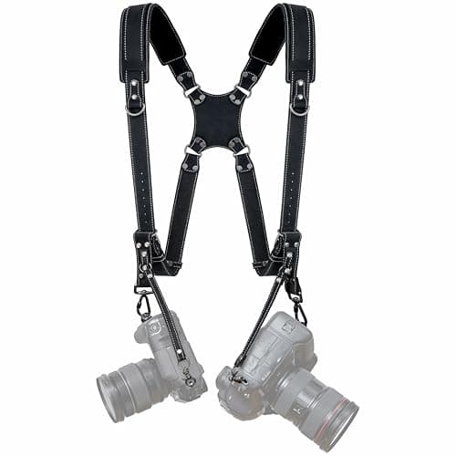 Image of Padwa Lifestyle Black Frosted Dual Camera Harness Strap with Padded for Two Cameras -Full Grain Leather Dual Camera Harness,Multi Camera Gear for DSLR/SLR Strap,Double Camera Harness for Photographers