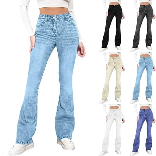 Image of Flared Jeans for Women, Ladies Bootleg Denim Jeans High Waisted Stretch Denim Trousers Comfy Skinny Work Trousers Casual Bootcut Pants with Pockets Everyday Wear Light Blue