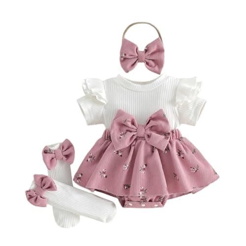 Image of XIXIMAON Newborn Coming Home Outfit Baby Girl Romper Dress Short Sleeve Ribbed Knitted Bodysuits Floral Corduroy Skirts Headband Socks Summer Clothes (Pink, 6-9 Months)