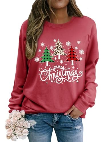 Image of Yihelian Christmas Sweatshirts for Women Xmas Tree Graphic Top Ladies Merry Christmas Letter Printing Shirts Long Sleeve Round Neck Blouse Watermelon Red