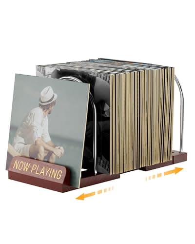 Image of BS-VOG Vinyl Record Storage Stand, Expandable Record Holder for 30-70 LPs, Now Playing Display Rack for Albums, Wood & Metal Sturdy Vinyl Stand for Home Decor & Music Lovers