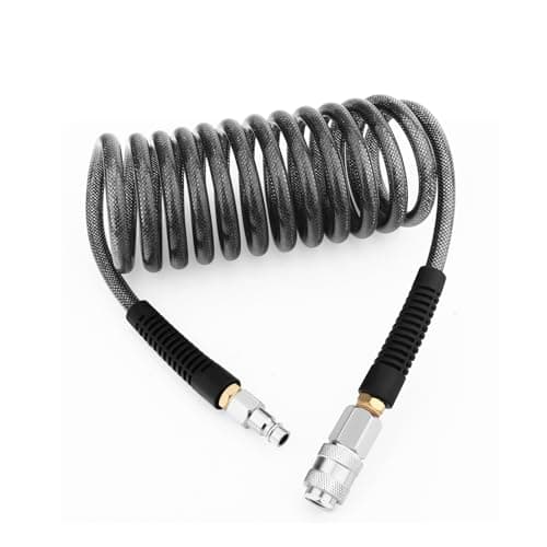 Image of GASHER 1/4" x 3m Polyurethane Recoil Air Hose 6mm with Bend Restrictor, 1/4" Europe Quick Coupler and Plug, for Air Compressor,Black