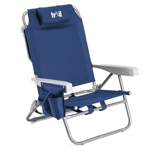 Image of Trail Low Reclining Beach Chair, Navy Blue Lightweight Folding Recliner – Reclines to 4 Positions, Head Cushion, Drinks Holder, Storage Pouch & Backpack-Style Carry Straps, Portable Camping Lounger