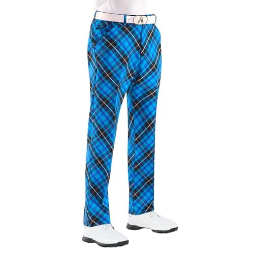 Image of Royal & Awesome Blue Plaid Tartan Golf Trousers for Men Slim Fit, Men's Golf Trousers, Funky Golf Trousers, Tapered Mens Golf Trousers.