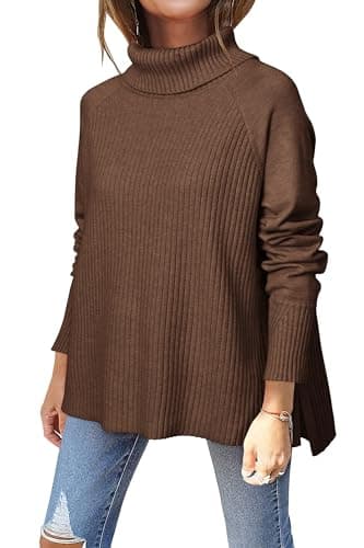 Image of Newshows Women's Turtleneck Jumpers Ladies Oversized Knitted Chunky Side Split Pullover Sweaters Tops Coffee,M