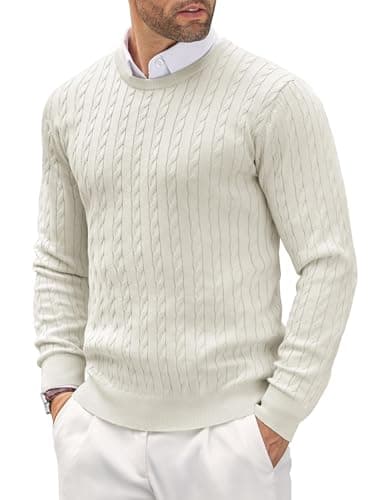 Image of COOFANDY Men's Pullover Winter Crew Neck Slim Fit Knitted Sweater Warm Fine Knit Pulli for Men White L
