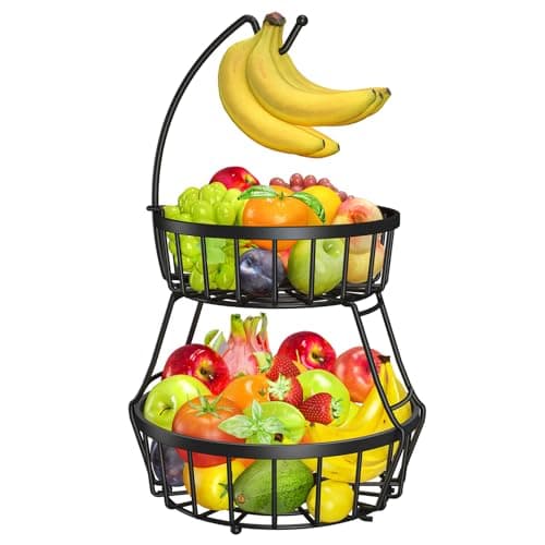 Image of OrderlyGo Thicken Fruit Bowl Basket with Banana Hanger - Durable Detachable Kitchen Countertop Organizer for Fruits, Vegetables, Snacks, Metal Wire Countertop Storage Basket for Kitchen (Black)