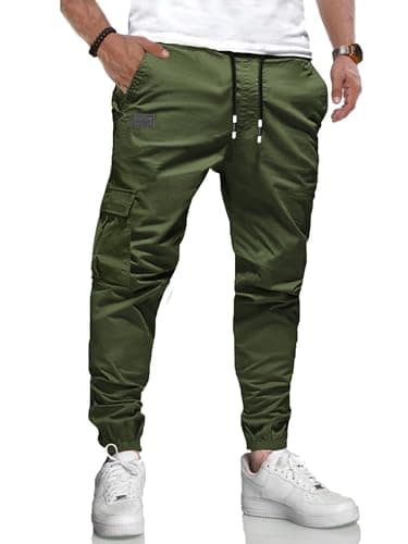 Image of LIUPMWE Joggers for Men Cotton Casual Mens Work Trousers Tracksuit Elastic Cargo Pants Waist with Drawstring Pockets Sweatpants,S,Green-02