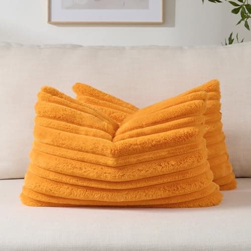 Image of FUTEI Set of 2 Solid Plush Faux Fur 30cm x 50cm Cushion Covers Double Sided Soft Fluffy Striped Textured Pillow Covers 30 x 50 cm Modern Scatter Cushion for Sofa Bed Living Room, Orange