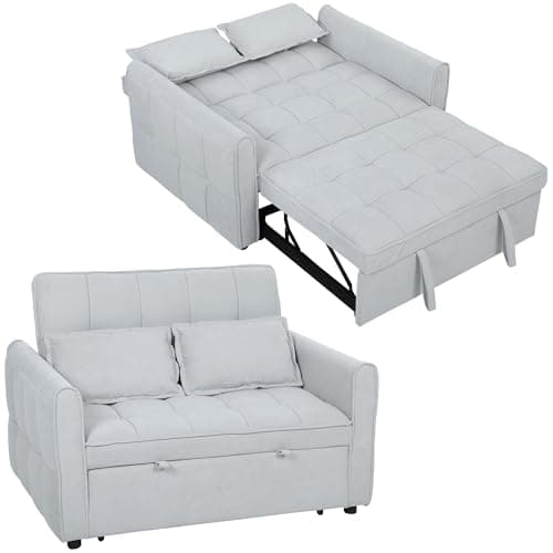 Image of HOMCOM 2 Seater Sofa Bed, 3-in-1 Convertible Sleeper Sofa with Click-clack Adjustable Backrest and 2 Pillows, Pull Out Corn Velvet-feel Fabric Bed Settee for Living Room, Guest Room, Light Grey