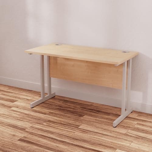 Image of OPO Impulse Freestanding 1200mm Rectangular Slimline Desk Silver Cantilever Leg | Sturdy Build Weather & Heat Resistant Melamine Finish Slim line Desk Maple Silver