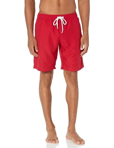Image of Amazon Essentials Men's 9” (23cm) Swimming Shorts with Mesh Lining, Pockets, Drawstring Closure, Red, S