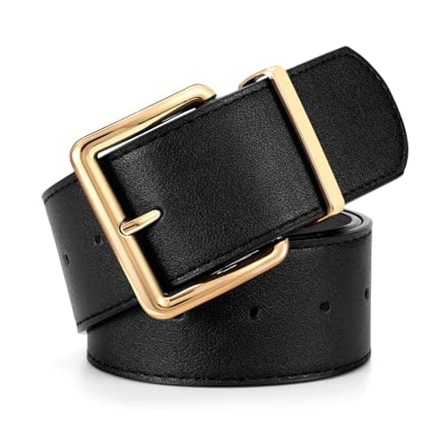 Image of LEACOOLKEY Women Wide Belt for Dresses Thick Leather Belt with Big Gold Buckle Fahion Women Chunky Belt，A-black(full-hole),Fit waist size 30"-33"