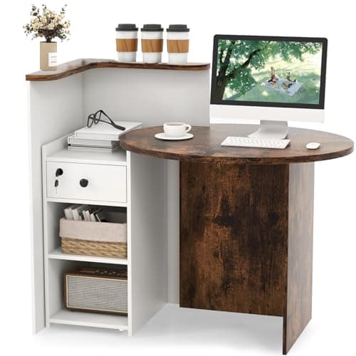 Image of SFAREST Reception Desk, Wooden Front Cashier Table with Open Shelf and Lockable Function, Modern Retail Corner Computer Desk for Salon Office Restaurant(White Shelf+Rustic Brown Table)
