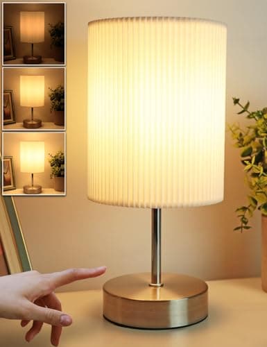 Image of HSLighting Bedside Lamps, Touch Control Table Lamp 3-Way Dimmable Small Lamp with 3D Pleats Fabric Shade LED Minimalist Nightstand Warm White for Christmas Xmas Bedroom Living Room Gift Decor