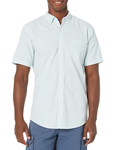 Image of Amazon Essentials Men's Regular-Fit Short-Sleeve Pocket Oxford Shirt, Blue Stripes, XL