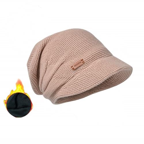 Image of Siganorpy Women's Winter Knitted Beanie Hat, Stretchy Slouchy Cap with Visor, Fleece Lined, Brim, 55-60 cm, Khaki
