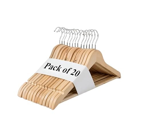 Image of REQUISITE NEEDS Wooden Coat Hangers 20 Pack With 360 Degree Rotatory Hook Strong Shoulder Notches Wardrobe Wooden Garments Hangers Made By Natural Wood and Non-Slip Trouser bar
