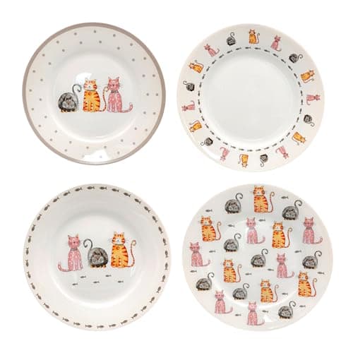 Image of SPOTTED DOG GIFT COMPANY Side Plates Set of 4, Ceramic Small Dinner Plates for Serving Dessert Salad Cake, Cat Themed Kitchenware, Microwave Dishwasher Safe, Gifts for Cat Lovers 7.5" (19cm)