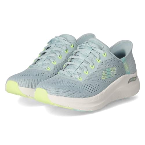 Image of Skechers Women's Arch Fit 2.0 Easy Chic Slip-On Sneakers, Blue Mesh/Lime Trim, 3 UK