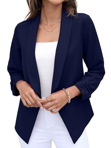 Image of GRECERELLE Womens Blazer Suit Open Front Cardigan 3/4 Ruched Sleeve Casual Work Office Cropped Blazer Jacket for Ladies (Navy Blue, US 12= UK14-16)