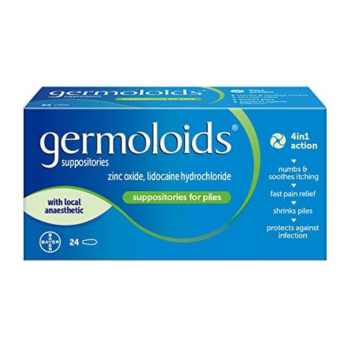 Image of Germoloids Haemorrhoid Treatment & Piles Treatment Suppositories, Triple Action with Anaesthetic to Numb the Pain & Itch, 55 g, 24 Count (Pack of 1)