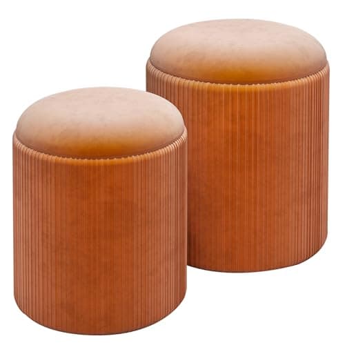 Image of Caroeas Set of 2 Round Storage Ottomans,Velvet Storage Stools to Sit On for Makeup, Multipurpose Round Footstool with 300 lbs Capacity for Living Room, Bedroom, Study, Dorm, Orange